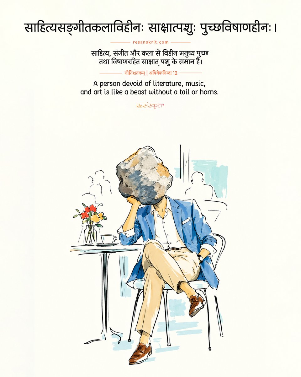 ReSanskrit's tweet photo. Life is enriched by more than knowledge and achievement.

Literature gives us perspective, music moves the heart, and art teaches us to see the world differently. Sanskrit wisdom reminds us of their place in a truly cultivated life.
#Sanskrit #Nitisatakam #Art #Music #Literature https://t.co/hzU5ZIUiXr