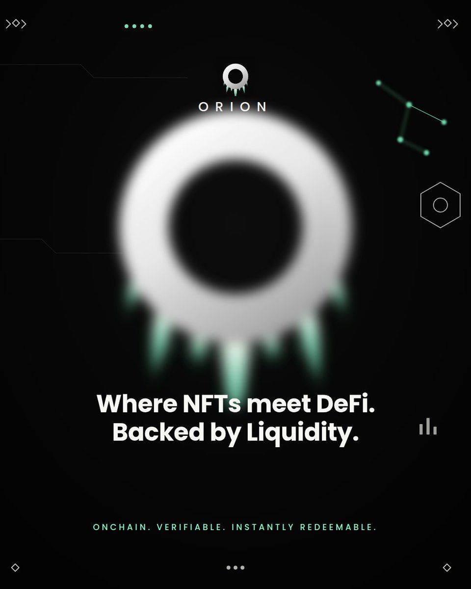 LiquidOrion's tweet photo. Orion is the protocol layer for liquid backing.

Permanent, composable reserves sit under any Orion NFT. Onchain.

Early access is open to active onchain NFT and DeFi players first.

More information soon. https://t.co/RUb3sJksgS