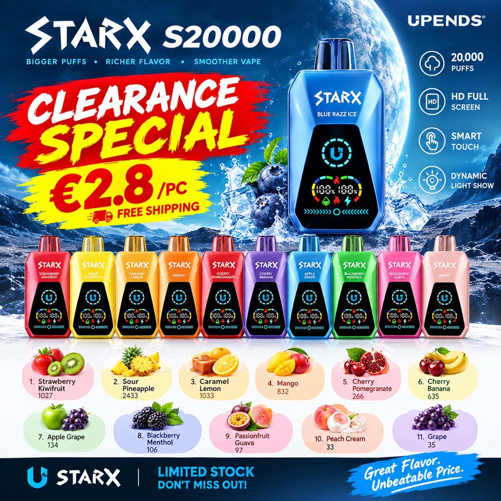 VAPLYNK's tweet photo. 🔥 STARX S20000 CLEARANCE
€2.80/pc • FREE SHIPPING 20,000 PUFFS • 11 FLAVORS LIMITED STOCK — ORDER NOW!

https://t.co/eSv7tcgbEt https://t.co/8GoT24fIqr