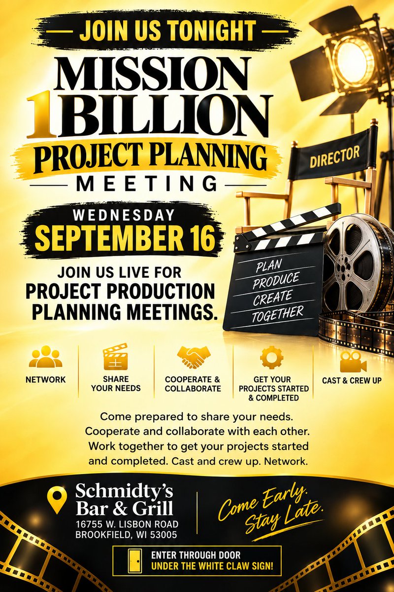 rexsikes's tweet photo. It's TONIGHT!!! 7pm JOIN US LIVE Production Project Planning Meeting - MISSION 1 Billion @ Schmidty's Bar & Grill Brookfield. #filmmakers #actors #castandcrew come together to share and discuss their projects to find collaborators. Network tonight. Cast & Crew up. https://t.co/PZVLmk6mnC