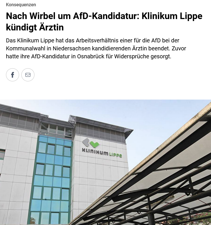 PeterBorbe's tweet photo. Ein neues absurdes Theater um eine AfD-Kandidatur: Die Kinderchirurgin Svetlana Sprina arbeitete im Klinikum Lippe in Detmold. Bei den aktuellen Kommunalwahlen kandidierte sie für die AfD für den Stadtrat in Osnabrück. Als dies bekannt wurde, machten Vertreter von SPD und Grünen im Aufsichtsrat des Klinikums Druck gegen die Ärztin und forderten ihre Entlassung. Die Ärztin beugte sich dem Druck, trat sogar aus der Partei aus, wurde aber trotzdem entlassen.
Und wir regen uns über die Erdogan-Türkei oder Putin-Russland auf?
https://t.co/aaxE8FcMxP