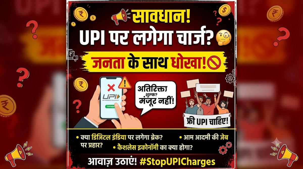 HemantSainiRj02's tweet photo. डिजिटल इंडिया का वादा करके अब UPI पर चार्ज लगाना आम जनता की जेब पर सीधा प्रहार है! 🛑
कैशलेस आदत डालने के बाद शुल्क वसूली मंजूर नहीं। यह फैसला तुरंत वापस लिया जाए।
@news24tvchannel
#UPI #StopUPICharges #UPICharges #DigitalIndia #PublicVoice #FreeUPI https://t.co/YOh3md901t