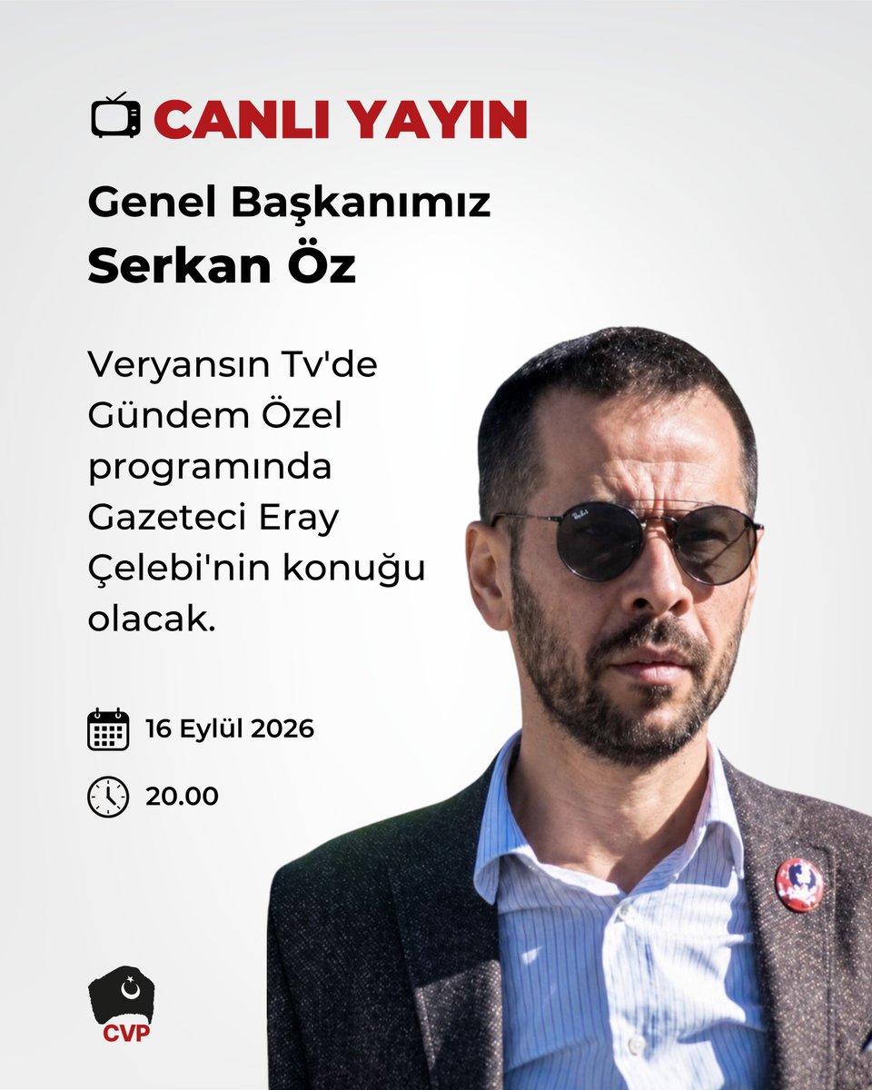 cvpgenelmerkez's tweet photo. Genel Başkanımız Serkan Öz, bugün saat 20.00'de Veryansın Tv'de Gündem Özel programında Gazeteci Eray Çelebi'nin konuğu olacak.

İzlemek için:
https://t.co/lFgU6nmqzD https://t.co/18Nyf2lx4k