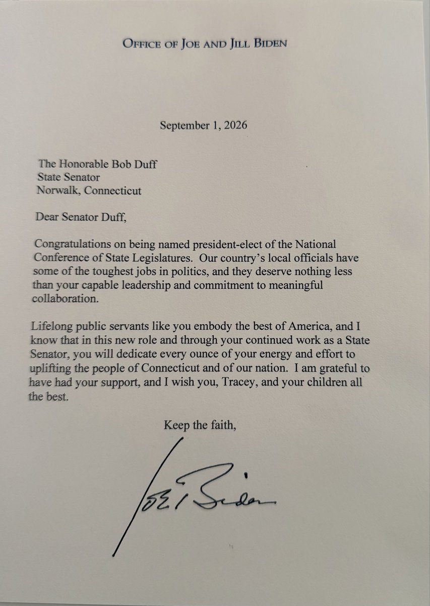 senatorduff's tweet photo. What an absolute honor to open the mail and read this letter from former President @JoeBiden on my role as President-elect of the National Conference of State Legislatures.
@NCSLorg @NCSLLeaders
Iโll be framing it, of course. https://t.co/T6Xzlx5q2a