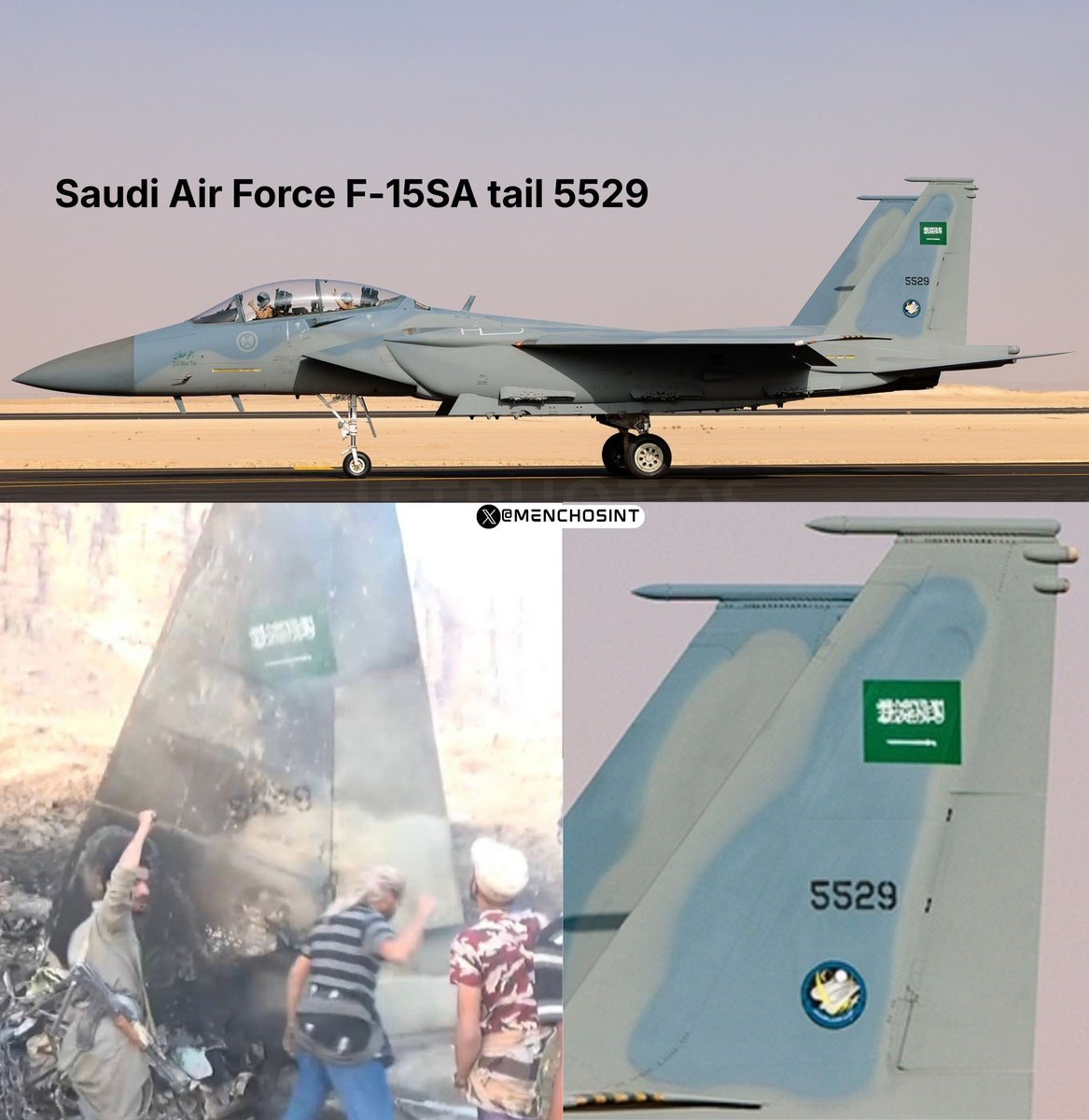 ahmadslmanz's tweet photo. الذيل رقم 5529، انها طائرة مقاتلة من طراز F-15SA متطورة،  سعرها 110 مليون دولار طائرة مقاتلة ذات مقعدين، لذلك يوجد طياران مفقودين على متنها https://t.co/dDG5J2qy3E