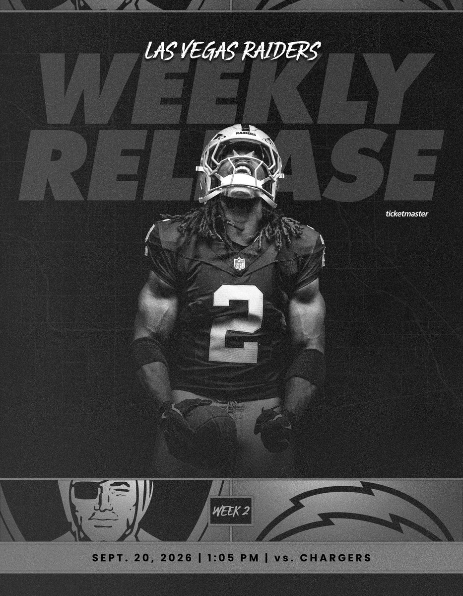 RAIDERS_PR's tweet photo. LAS VEGAS #RAIDERS GAME RELEASE - Week 2 at Los Angeles Chargers

FULL PDF:  https://t.co/ETHW9X2AwC

📍 SoFi Stadium          

📅Sunday, Sept. 20 - 1:05 PM PT  

📺@NFLonCBS 
(@AndrewCatalon, @RealLoganRyan, @AJRoss_TV)

📻@RNR920AM 
(@HorowitzJason, @kirkmorrison)

#RaiderNation | @Raiders