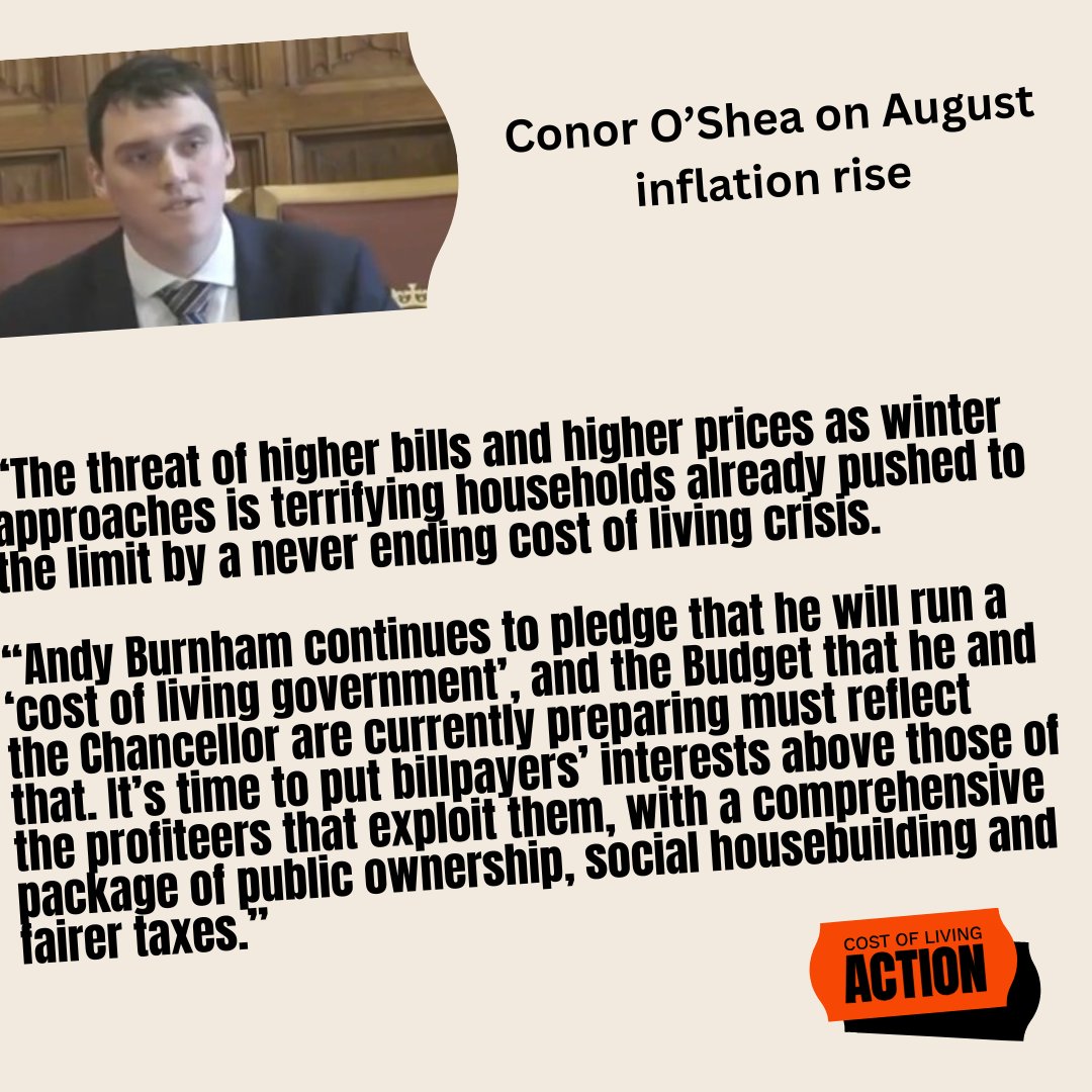 CostOfLivingAct's tweet photo. Today inflation rose again, driven by fuel prices and rents continuing to squeeze household budgets.

The budget is a chance for Andy Burnham to put words into action and truly tackle the cost of living.

COLA reaction: https://t.co/tDOdthls2X