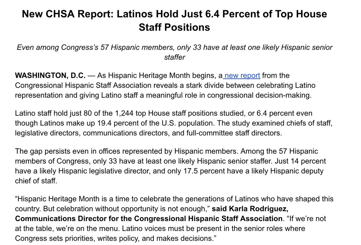 nicholaswu12's tweet photo. Congressional Hispanic Staff Association says just 6.4% of top House staff positions (chiefs/LDs/Comms/staff directors) are Latinos: https://t.co/QZ54QOjNtG