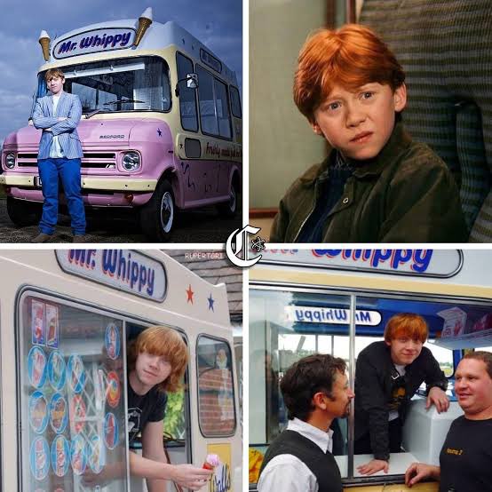HarryPotterBrr's tweet photo. VOCÊ SABIA ? 

Rupert Grint, o ator inglês que interpretou Ron nos filmes de Harry Potter, era jovem demais para gastar seu dinheiro quando começou a ficar rico.

Ele teve que esperar até atingir a maioridade para cometer sua primeira tolice.

Sua primeira compra como adulto, com a imensa fortuna que havia acumulado, foi... um caminhão de sorvetes.

Um caminhão de sorvetes.

Este é o caminhão que ele comprou. Uma van Bedford de 1974, projetada pela Mr. Whippy.

E, surpreendentemente, o jovem ator não queria um caminhão de sorvetes para exibir em seu quintal da frente. Ele queria usá-lo para vender sorvetes!

Ou melhor, oferecê-los de graça para as crianças.

O que ele fez por um tempo, dirigindo seu caminhão pelas pequenas vilas de sua região, distribuindo picolés pelo caminho.

Era um sonho de infância.