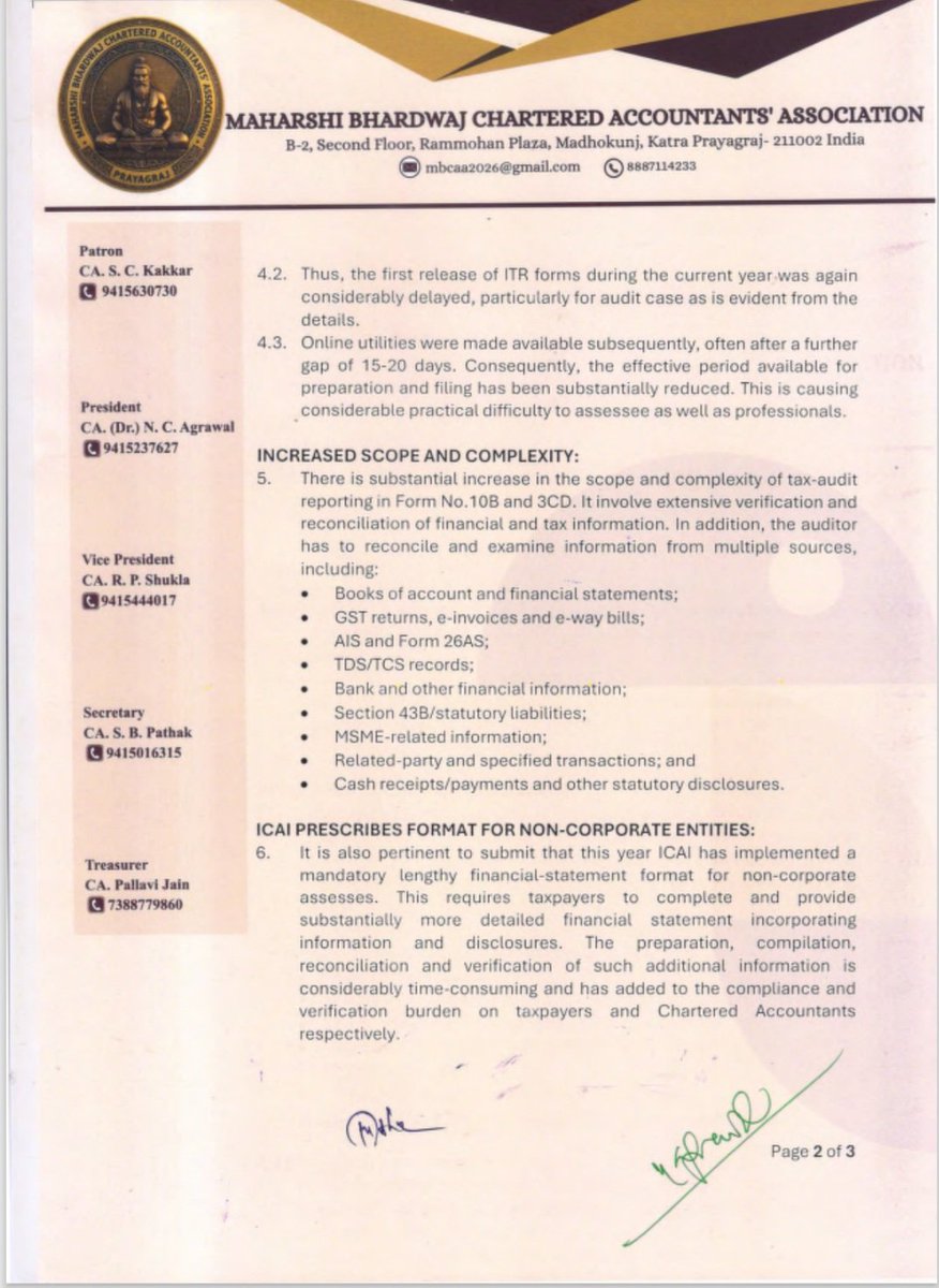 sbpathakca's tweet photo. Maharshi Bhardwaj Chartered Accountants' Association, Prayagraj submitted its representation to the Hon'ble Finance Minister &amp; Chairman, CBDT requesting extension of due date for the Tax Audit Reports (Forms 10B/10BB/3CA/3CB) to 31 Oct. 2026.
@akhilpachori @rambajajgst @caamresh https://t.co/qUh5mEYZq2