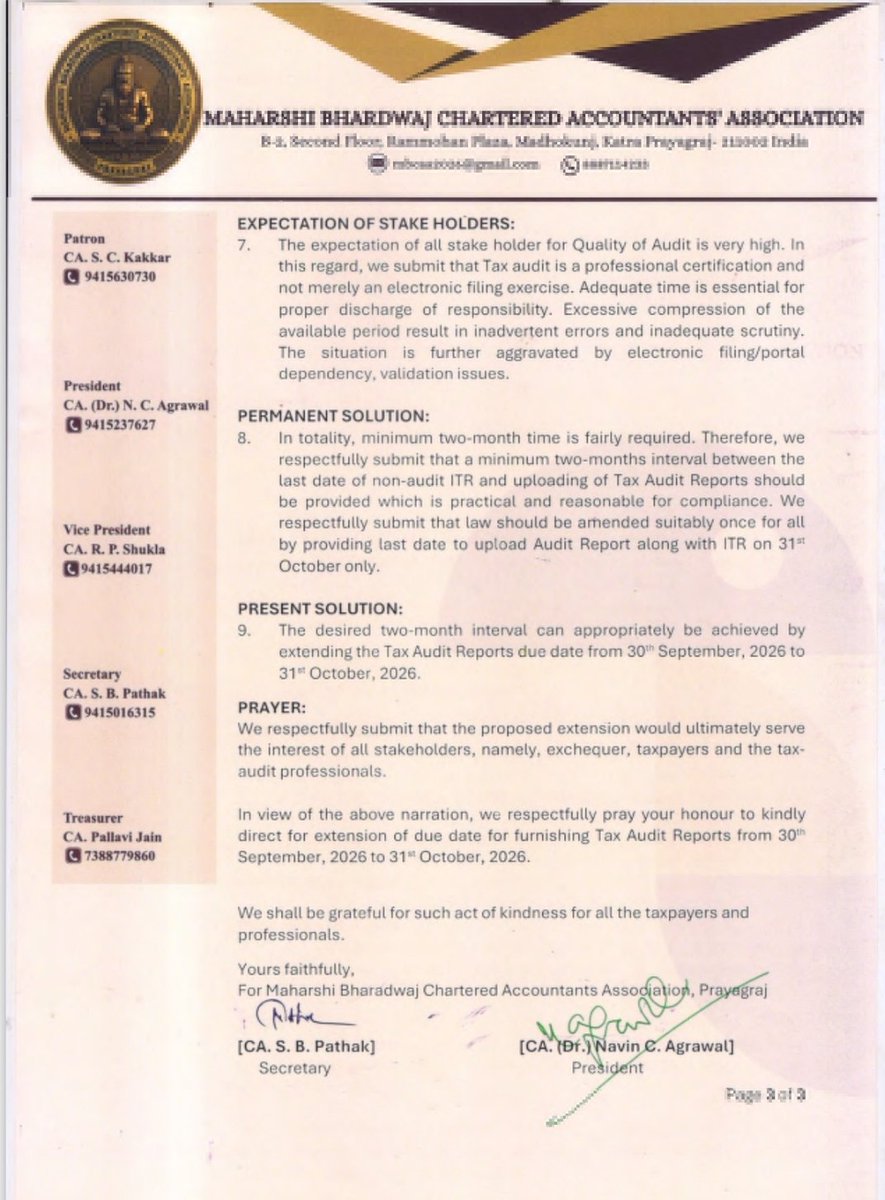 sbpathakca's tweet photo. Maharshi Bhardwaj Chartered Accountants' Association, Prayagraj submitted its representation to the Hon'ble Finance Minister &amp; Chairman, CBDT requesting extension of due date for the Tax Audit Reports (Forms 10B/10BB/3CA/3CB) to 31 Oct. 2026.
@akhilpachori @rambajajgst @caamresh https://t.co/qUh5mEYZq2