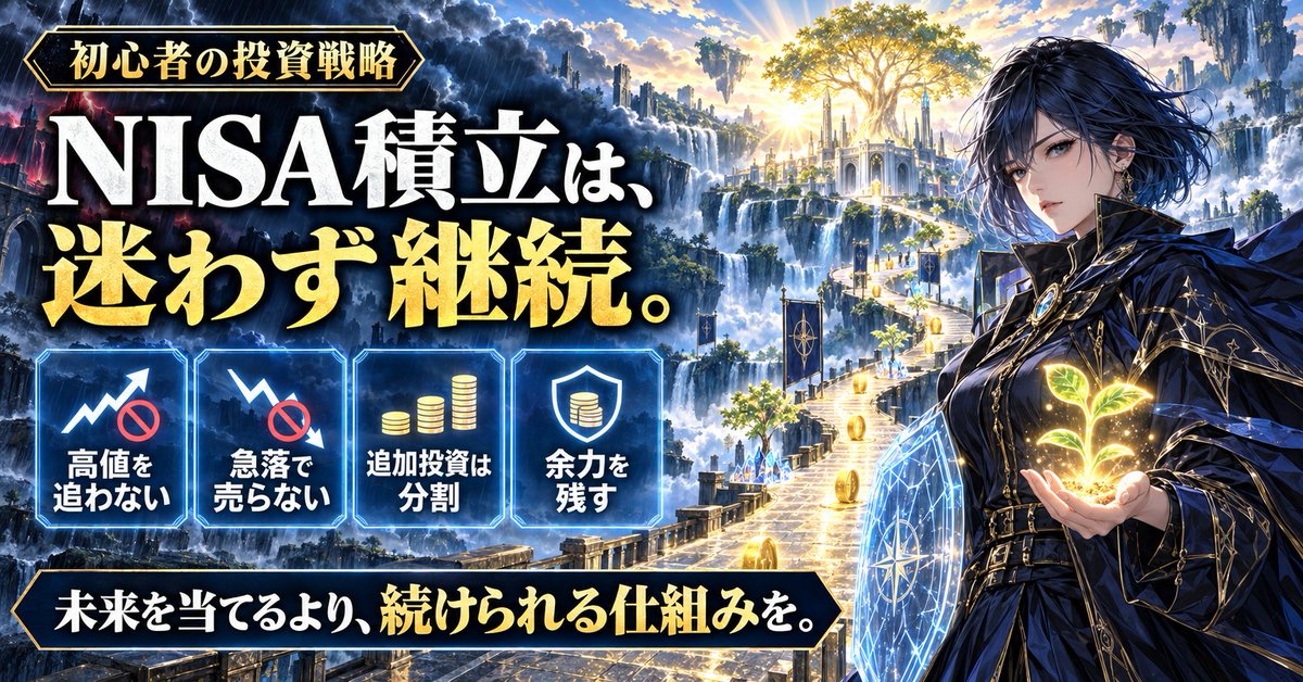 328351km's tweet photo. 【投資初心者の戦略は、シンプルです】

結論。
NISA積立は迷わず継続。

相場が上がっても、下がっても、
「買う日を選ばない仕組み」が長期投資の武器になります。

✅ 高値を慌てて追わない
✅ 急落しても売り急がない
✅ 追加投資は分割する
✅ 生活防衛資金を残しておく

余力がある人は、大きく下がった場面で積立額を少し増やす選択肢も。

未来を当てる必要はありません。
嵐の日にも続けられる仕組みを作った人が、最後まで市場に残ります。