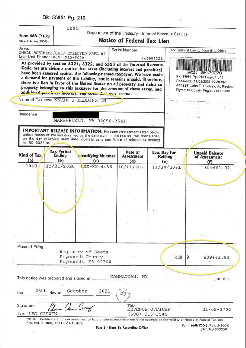 HowieCarrShow's tweet photo. BREAKING….

Kevin Reddington, Lindsay Clancy’s lawyer, has federal tax liens of $2.37 million for unpaid taxes on his Marshfield mansion, according to public records on file at the Plymouth County Registry of Deeds.

Reddington bought his now-assessed-at-$2.3-million estate in 2017, and has liens from the IRS dating back to 2018, through 2024.

Reddington is the public face of the free-Lindsay Clancy mob that is so outraged that the holdout juror allegedly owes $12,600 in unpaid rent, and is being evicted by his landlord in Bridgewater.

There is no record that any of the $2.37 million in IRS liens on Reddington’s property have been discharged, i.e., paid off. Reddington did not return calls seeking comment on his apparently unpaid tax debts.

Here are the liens, by year and amount that the IRS claims Reddington owes:

2018: $230,863.76
2019: $360,296.67
2020: $509,661.92
2021: $493,279.32
2022: $84,212.92
2023: $456,483.28
2024: $237,695.39.

Total: $2,372,493.24.

(Actual Registry records below.)

Let’s see if regime-controlled media that have been doxing the holdout juror over $12,600 will pick up this story.

DEVELOPING….

@seanhannity
