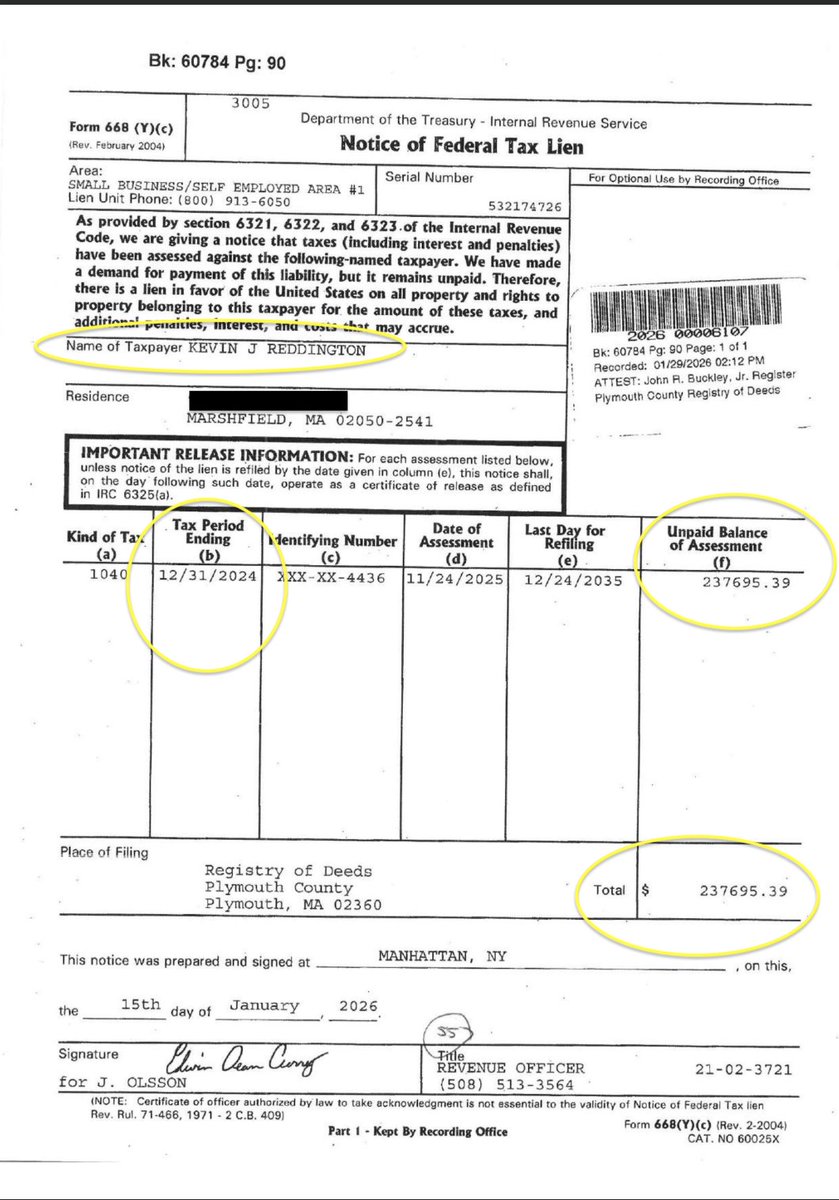 HowieCarrShow's tweet photo. BREAKING….

Kevin Reddington, Lindsay Clancy’s lawyer, has federal tax liens of $2.37 million for unpaid taxes on his Marshfield mansion, according to public records on file at the Plymouth County Registry of Deeds.

Reddington bought his now-assessed-at-$2.3-million estate in 2017, and has liens from the IRS dating back to 2018, through 2024.

Reddington is the public face of the free-Lindsay Clancy mob that is so outraged that the holdout juror allegedly owes $12,600 in unpaid rent, and is being evicted by his landlord in Bridgewater.

There is no record that any of the $2.37 million in IRS liens on Reddington’s property have been discharged, i.e., paid off. Reddington did not return calls seeking comment on his apparently unpaid tax debts.

Here are the liens, by year and amount that the IRS claims Reddington owes:

2018: $230,863.76
2019: $360,296.67
2020: $509,661.92
2021: $493,279.32
2022: $84,212.92
2023: $456,483.28
2024: $237,695.39.

Total: $2,372,493.24.

(Actual Registry records below.)

Let’s see if regime-controlled media that have been doxing the holdout juror over $12,600 will pick up this story.

DEVELOPING….

@seanhannity