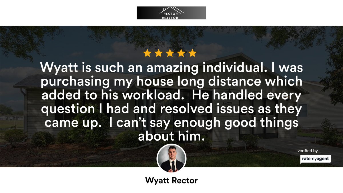 WyattRector's tweet photo. My latest RateMyAgent review in Leesburg.
NAR 260506922
https://t.co/xib3gsZXjD

...
#ratemyagent #realestate #eXp_Realty_Florida_Office https://t.co/WORdYSa3MT