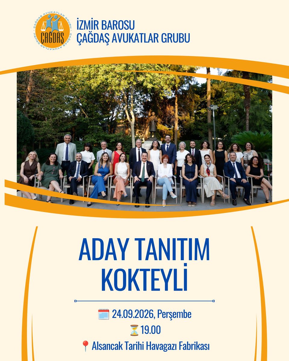 izmircagdasav's tweet photo. İzmir Barosu Çağdaş Avukatlar Grubu olarak, yarım asırlık mücadele birikimimizden aldığımız güçle yeni döneme büyük bir inanç, heyecan ve kararlılıkla hazırlanıyoruz.

Hukukun üstünlüğünü, bağımsız savunmayı, meslektaş dayanışmasını ve daha güçlü bir baro mücadelesini büyütmek için çıktığımız bu yolda en büyük gücümüz; birlikte ürettiğimiz, birlikte direndiğimiz meslektaşlarımızdır.

Şimdi bu yolculuğu büyütmek, adaylarımızı tanımak ve yeni döneme dair heyecanımızı paylaşmak için bir araya geliyoruz.

Gelin; dayanışmamızı, umudumuzu ve mücadele azmimizi büyütelim. Tüm meslektaşlarımızı Aday Tanıtım Kokteylimize davet ediyoruz. 🧡💙

🗓️ 24.09.2026, Perşembe
🕖 19.00
📍 Alsancak Tarihi Havagazı Fabrikası
