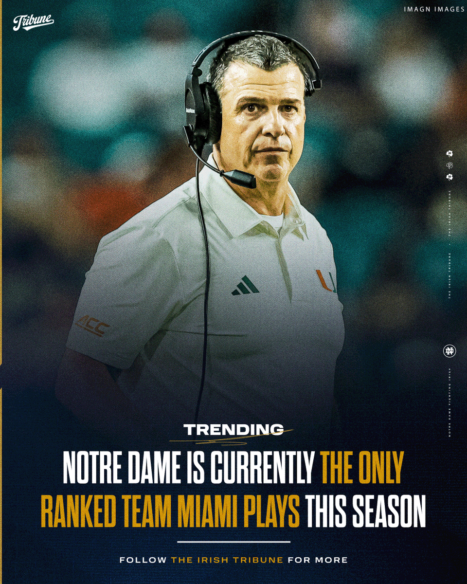 theirishtribune's tweet photo. Notre Dame is currently the only ranked team Miami will face this season.

The No. 3 Irish host the No. 5 Hurricanes on November https://t.co/01Ow6gGRPO