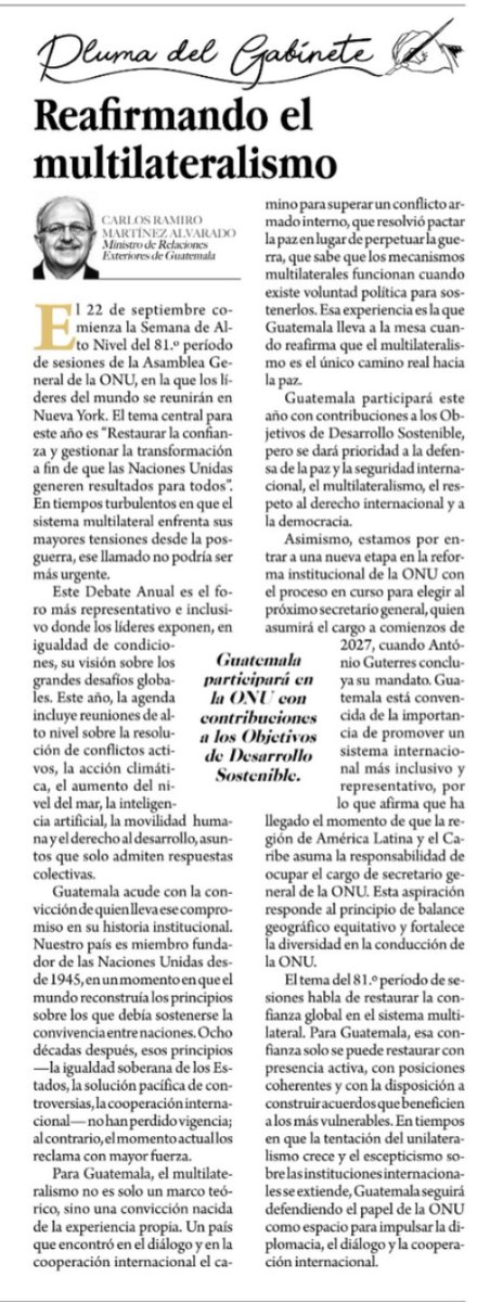 MinexGt's tweet photo. ✍️ | En su decimotercera columna en el Diario de Centro América, el canciller Carlos Ramiro Martínez Alvarado subraya que la ONU sigue siendo un espacio multilateral vigente y necesario para impulsar la diplomacia, el diálogo y la cooperación internacional.

Léela completa aquí 🔗  https://t.co/ehOeXPG0dZ