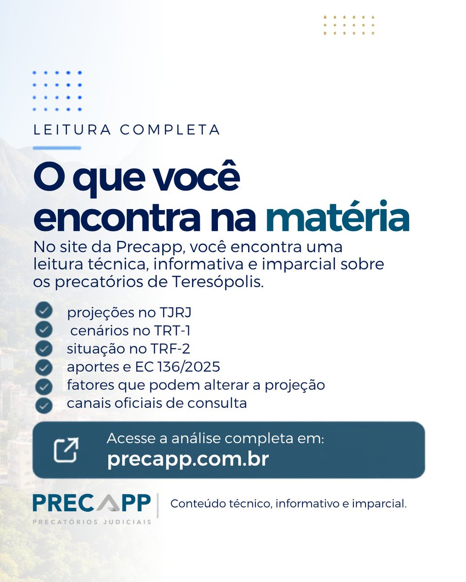 precapp's tweet photo. Precatórios de Teresópolis após a EC 136/2025: veja as projeções, os cenários por tribunal e os fatores que podem alterar a fila.

Leia a análise completa em https://t.co/NKSHxPDo7t

#Precatórios #Teresópolis #Precapp https://t.co/K1VMC8RU2E