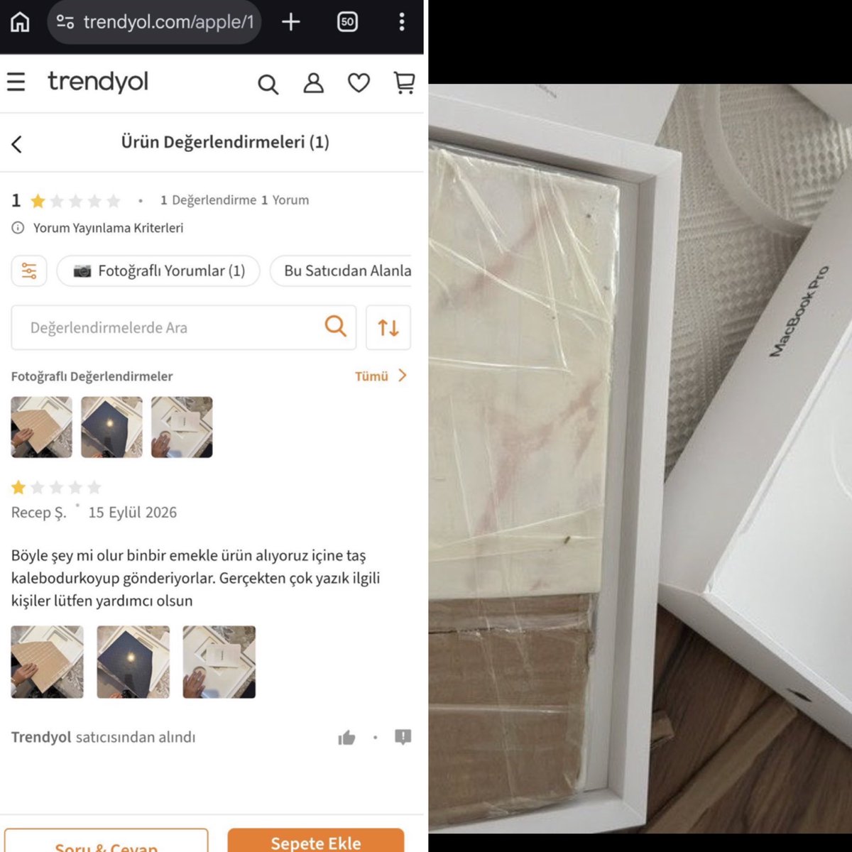 gusholderhaber's tweet photo. TRENDYOL’DA SKANDAL!

— Trendyol’dan Macbook siparişi veren Sinan Odak isimli vatandaşa, Macbook yerine “mermer” gönderildi. 

— Müşterinin belirttiğine göre satıcı: Trendyol şirketi. 

— Paylaşım sonrasında başka müşterilerin de aynı olayı yaşadığı ortaya çıktı: https://t.co/eaM3c86XE1