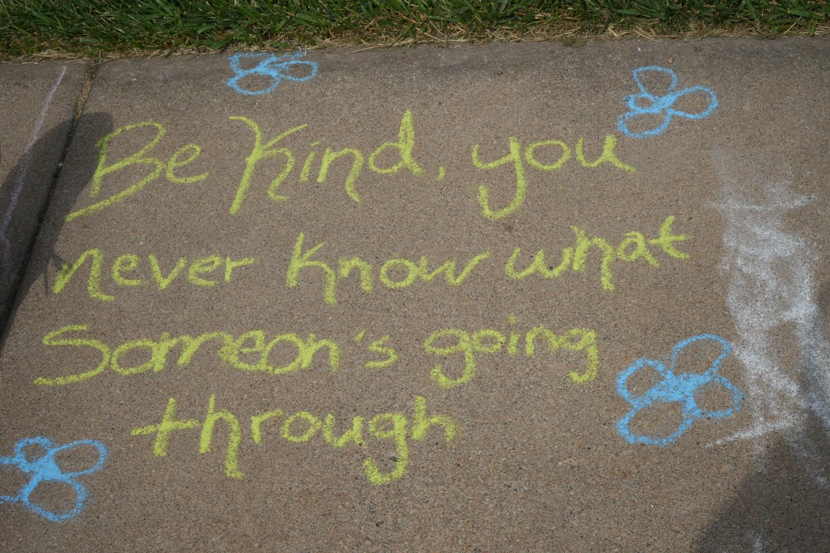 DodgeCityCC's tweet photo. DC3 students came together Sept. 8-12 for Suicide Prevention Week, sharing positive sidewalk chalk messages across campus and placing color-coded pinwheels on the DC3 Library lawn. https://t.co/Q78aE6o37y