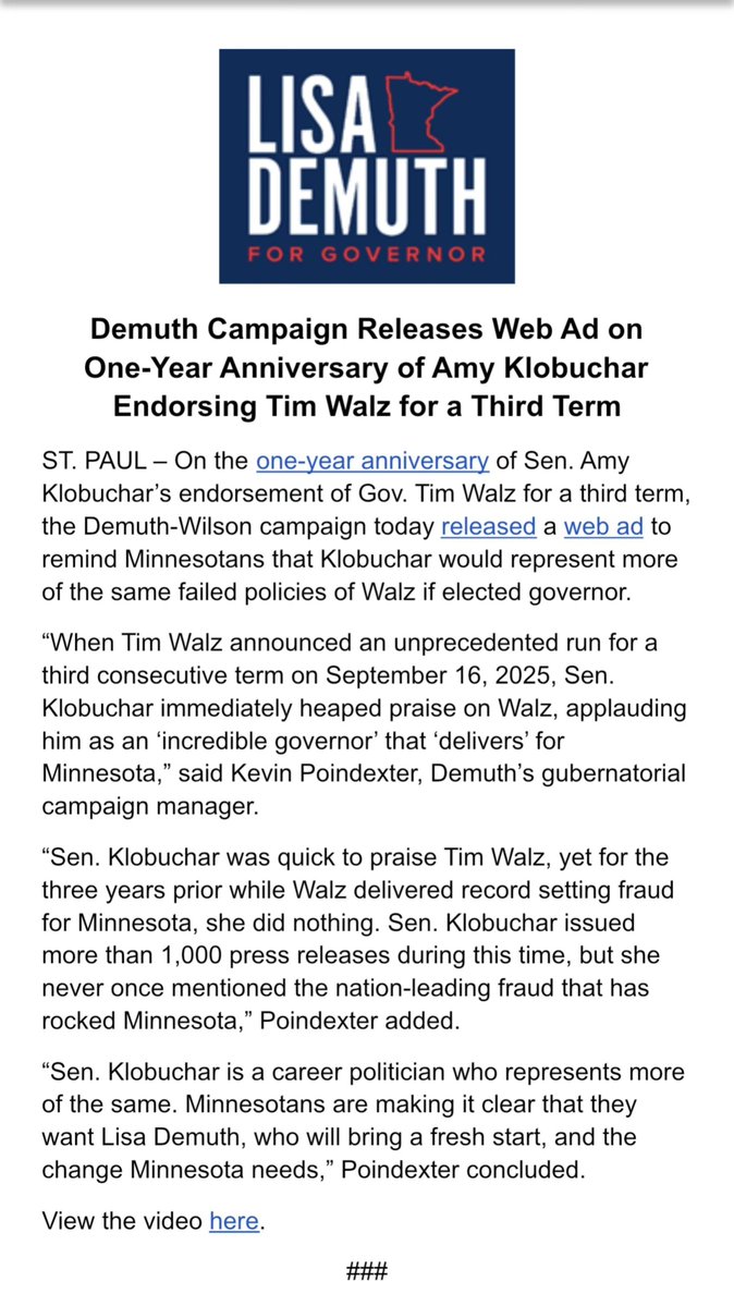 LisaDemuthMN's tweet photo. One year ago today, Amy Klobuchar endorsed Tim Walz for a third term, calling him an "incredible governor." https://t.co/1551iKbqhm