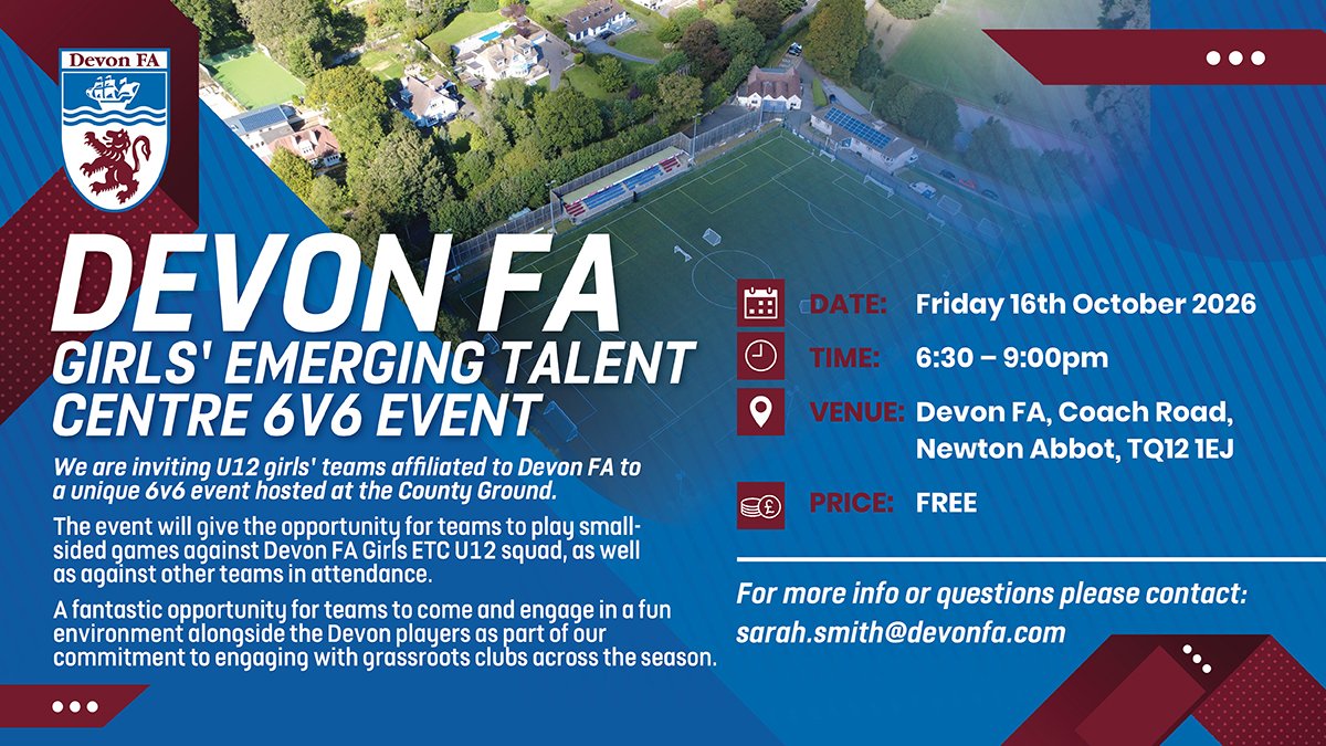 devoncfa's tweet photo. ⚽ 𝗘𝗧𝗖 𝟲𝗩𝟲 𝗘𝗩𝗘𝗡𝗧 ⚽

We're inviting U12 girls' teams affiliated to Devon FA to a 6v6 event at the County Ground, playing small-sided games against the Devon FA Girls ETC U12 squad and
other clubs in attendance.

Entry is free, but places are limited to 14 teams on a first-come, first-served basis. Each club may enter one team, with the option to register interest in a second
should space allow. Open to any female teams playing in girls-only or mixed divisions in Devon.

Closing date: Wednesday 7th October

Sign up  🔗https://t.co/e6O7c0YyJi

#DevonFootball