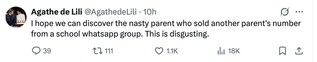 TheRoyalGrift's tweet photo. Oh look here is a threat by Meghan Markle & Prince Harry's  Sussex Squad terrorists who are tied to the ANTIFA terrorist organization. Once these funded terrorists find out who you are, they will take action to harm you in every way.  

These a just a few WELL documented examples of what they have done to innocent people in the past:

1. They will call your job to get you fired.
2. They will try to get every member of your friends and family to lose their jobs.  
3. They will stalk and bullying you and anyone who is associated with you.  
4. They will doxx every facet of your life and if they find out you suffer with Mental health, they will harass to a point for you to want to take your life. 
4. They will go after your children, as Sussex squaddie, Angry Tina of the Sussex Squad Podcast, made a bold threat to make sure your "children don't grow".   Recordings available to authorities upon request. 
5. They will falsely report you to the police and have you swatted. - They did this to Yankee Wally and Murky Meg.
6. They will do whatever it takes to ensure you cease to exist and dance on your grave if something terrible happens to you. 

I pray this WhatsApp leak is more fabrication by Meghan Markle, because if indeed it is real,  I pray for the safety of the mothers in that group.  

Please repost and tag the FBI so they are aware of this user @AgathedeLili , these kind of statements are not harmless.  The only reason they want to know this person's name is to harm them.

This user is one of the original squad members who was in collaboration with Christopher Bouzy and Sarah Data when they launched the attack pressure campaigns against innocent YouTubers and Twitter users into silence during 2021- 2022.

@FBI