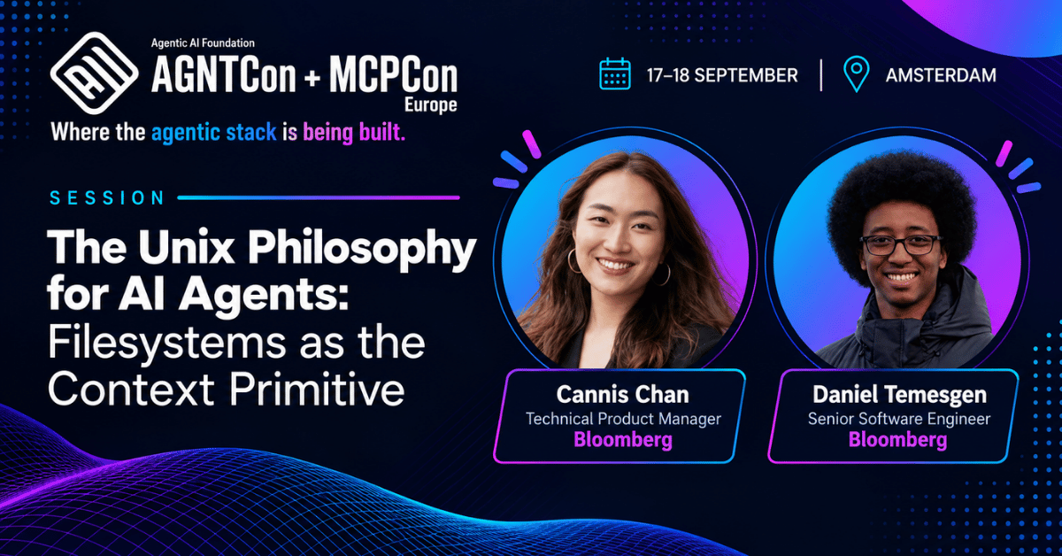 TechAtBloomberg's tweet photo. In today's #AGNTCon + #MCPCon Europe talk (5:30 PM CEST), @TechAtBloomberg's Cannis Chan &amp; Daniel Temesgen apply Unix philosophy to #AgenticAI: modeling context as scoped virtual filesystems agents that can read, write &amp; list their way through
https://t.co/aJ3NfNDtTZ https://t.co/imjqXyjqbT