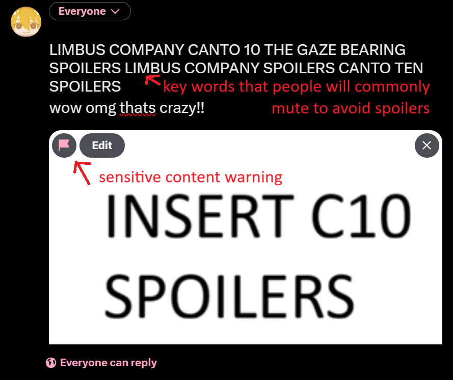 squiddyswimming's tweet photo. #limbuscomapny since canto 10 is coming soon, i would like to remind everyone to please tag spoilers correctly! please consider that not everyone can play the canto right after it releases! here is a quick example of what to do and what not to do when posting about canto 10! https://t.co/igjP0GH0Xs
