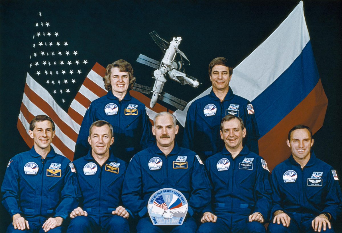 ExploreSpaceKSC's tweet photo. #OTD 30 years ago: Space Shuttle Atlantis launched on STS - 79. 🚀 Commander William F. Readdy, Pilot Terrence W. Wilcutt, Mission Specialists Jerome (Jay) Apt, Thomas D. Akers, Carl E. Walz, Shannon W. Lucid, and John E. Blaha lifted off at 4:54 AM from Kennedy Space Center. The mission marked the fourth Shuttle-Mir docking and brought home astronaut Shannon Lucid after her 188 days in space—a U.S. spaceflight record at the time.
