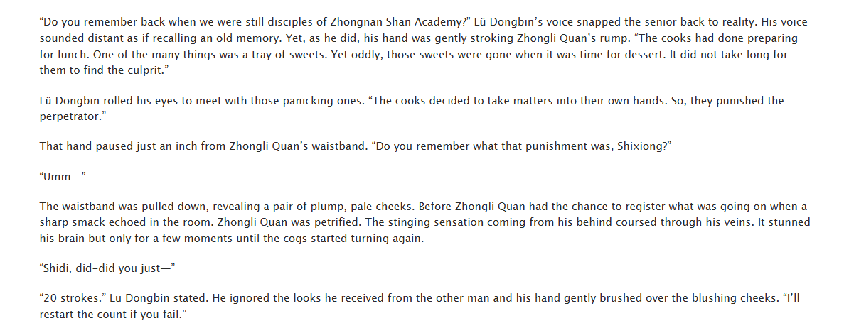 ScribbleWolfe's tweet photo. Title: A Lesson to be Taught
Summary: Zhongli Quan is back to his old habits. Only a certain "shidi" can teach him a lesson. 

My first time writing a fanfic based on Chinese characters/culture, so some bits may appear off. I'm open to learn more. 

(Link in thread)

#八仙 #宾权 https://t.co/MUNhj9Owzy