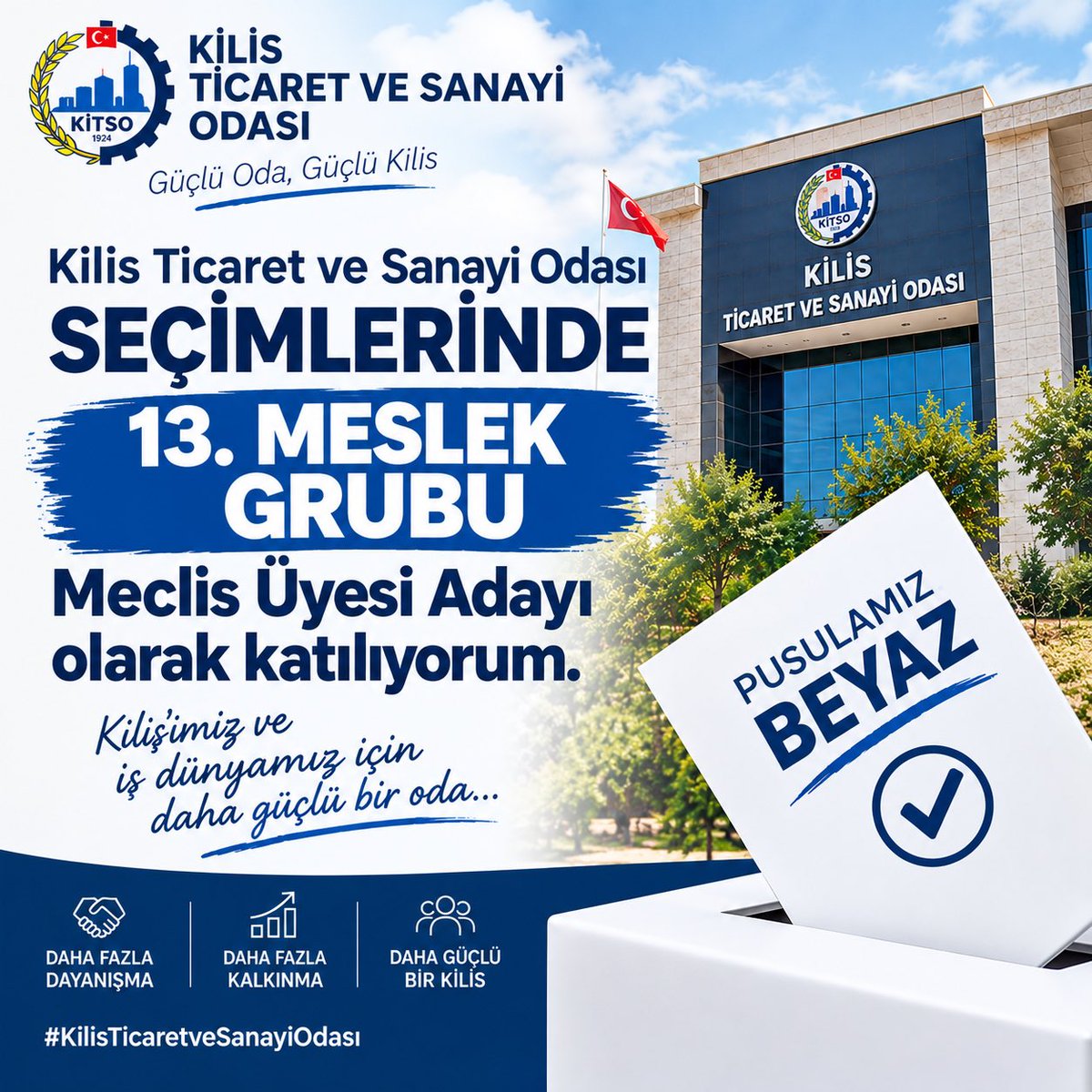 haliltasdemir79's tweet photo. Kilis Ticaret ve Sanayi Odası seçimlerinde 13. Gruptan Meclis Üyesi Adayı olarak yer alıyorum.

Pusulamız BEYAZ. 

Kilis iş dünyamız için hayırlı olmasını diliyorum. https://t.co/YOyelOW6rP