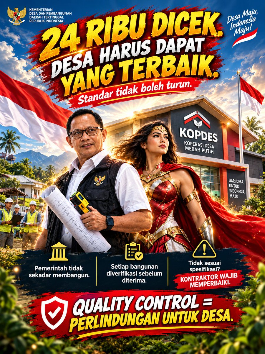 Woman_Bersabda's tweet photo. NEGARA TIDAK AKAN RUGI!

Curiga ada proyek Kopdes ngasal? Tenang! 24 ribu bangunan lagi di-QC ketat sama PU &amp; BPKP.

Kalau spek gak sesuai, kontraktor wajib perbaiki pakai uang sendiri. Desa wajib dapat yang terbaik!
#JagaIndonesia #KopdesBerkualitas #SeptemberBangkit #Evaluasi https://t.co/FZ6wJTMciv