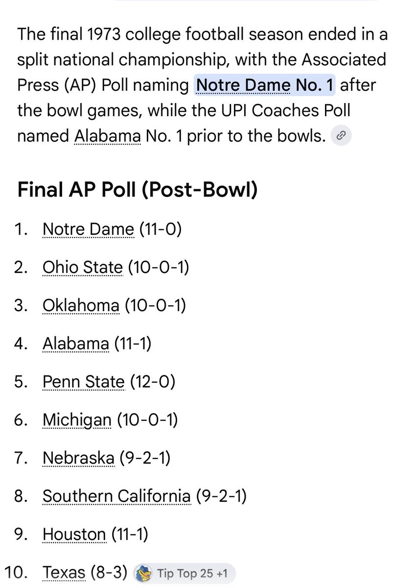TwoToneBlue89's tweet photo. @crimsonvad3r If you’re going to cherry pick Nattys why don’t you include 1973…a year which Bama claims the Natty based on a poll before the season was complete…when ND beat them in the Sugar Bowl to stay undefeated. https://t.co/peeaWSGqYp