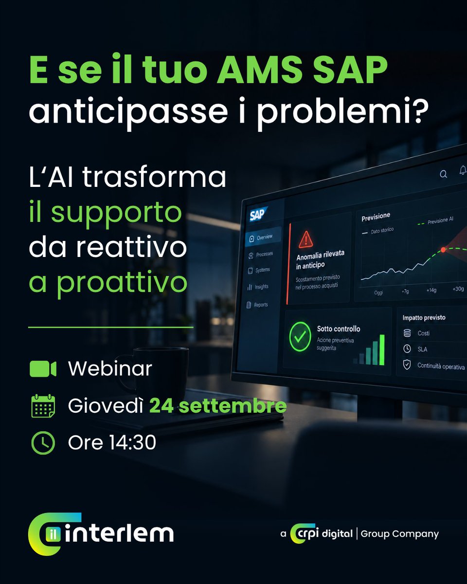 Interlem's tweet photo. Dalla gestione dei ticket alla prevenzione delle criticità: scopri come l’AI può evolvere l’AMS SAP, automatizzando le richieste ricorrenti e supportando l’analisi delle anomalie.

📅 24 settembre, ore 14:30
💻 Online e gratuito
👉https://t.co/Ix621Kgv0v
.
#Interlem #SAP #AMS #AI https://t.co/uu19s02tPz