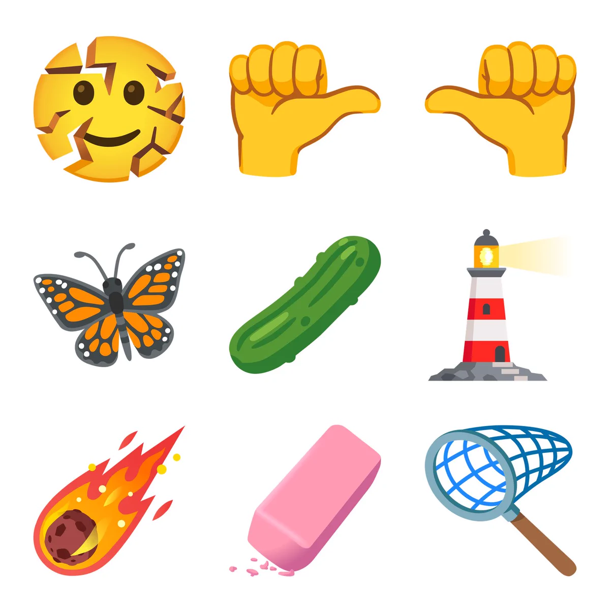 A 3x3 grid displaying nine new Emoji 18.0 designs in Google's flat Noto Color Emoji style, including a Cracking Face, Leftward Thumb, Rightward Thumb, Monarch Butterfly, Pickle, Lighthouse, Meteor, Eraser, and Net With Handle.
