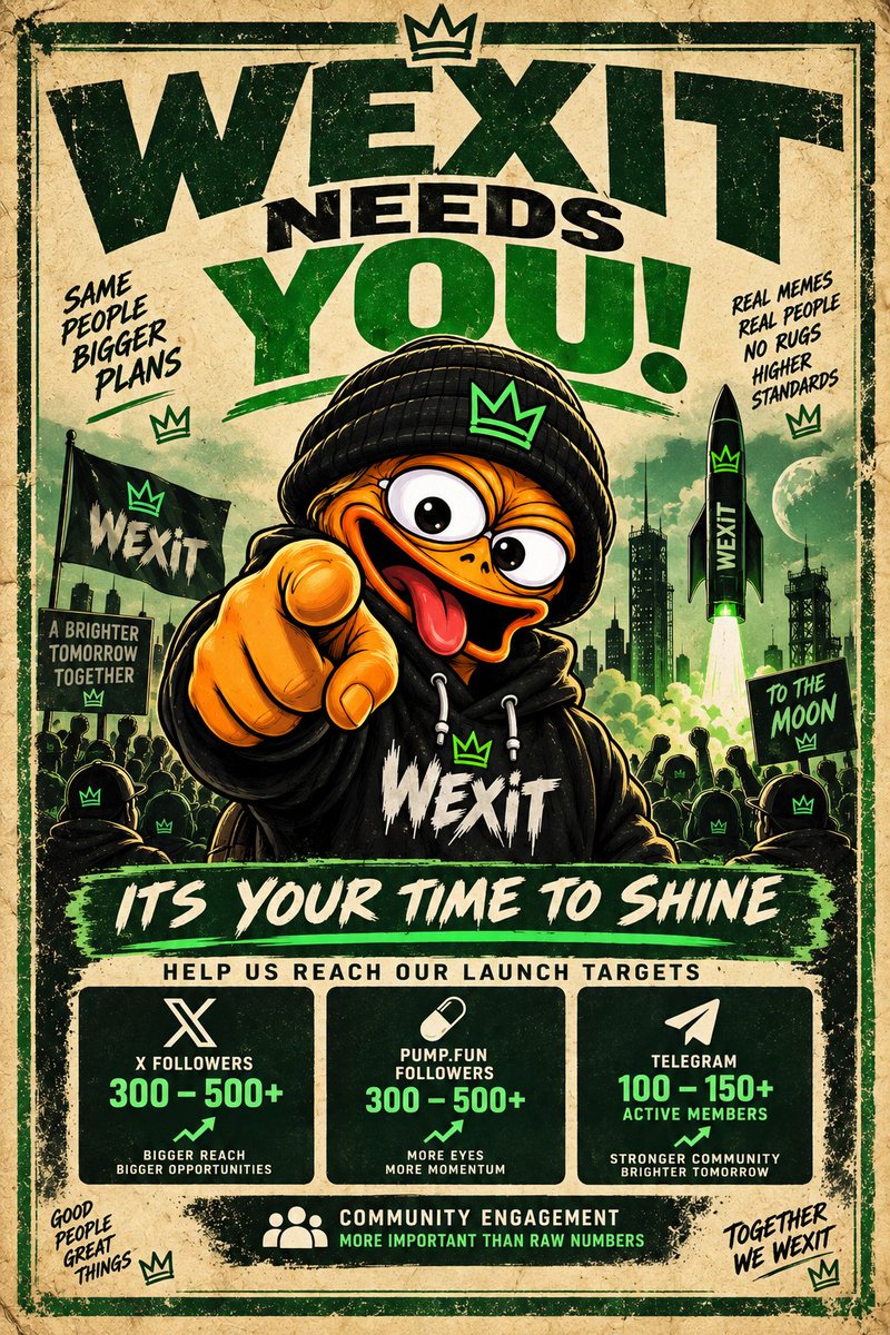 Wexitcoin's tweet photo. ✨ WEXIT — IT’S YOUR TIME TO SHINE. ✨

The community is growing. The cogs are turning. The launch is getting closer. 🚀

But we’re not rushing it — we’re building it right.

🎯 Our targets:

X followers:
300–500+

https://t.co/HX5IHlXWmr followers:
300–500+

Telegram:
100–150+ active members

🔥 Community engagement:
More important than raw numbers.

Every follow. Every repost. Every comment. Every person bringing someone new in — it all counts.

We’ve got 200 X • 200 https://t.co/HX5IHlXWmr • 70 TG and we’re climbing.

Now it’s your time to shine. ✨

WEXIT IS COMING. 👀🚀
You Know What YOU Need To Do