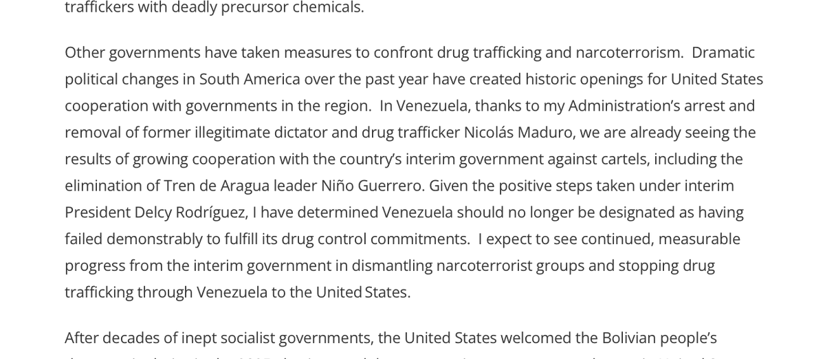 alandete's tweet photo. Trump mantiene a Venezuela en la lista de los principales países de tránsito o producción de drogas del mundo pero ha retirado al país de una segunda categoría, que mucho más grave, en la que EE.UU. incluye a los gobiernos que han «fracasado de forma demostrable» en el cumplimiento de sus obligaciones internacionales contra el narcotráfico. Venezuela continúa siendo para EE.UU. un territorio clave en las rutas internacionales de la droga, pero  considera que Delcy ha comenzado a adoptar medidas suficientes para dejar de considerar al estado venezolano incumplidor de sus compromisos contraer narco.