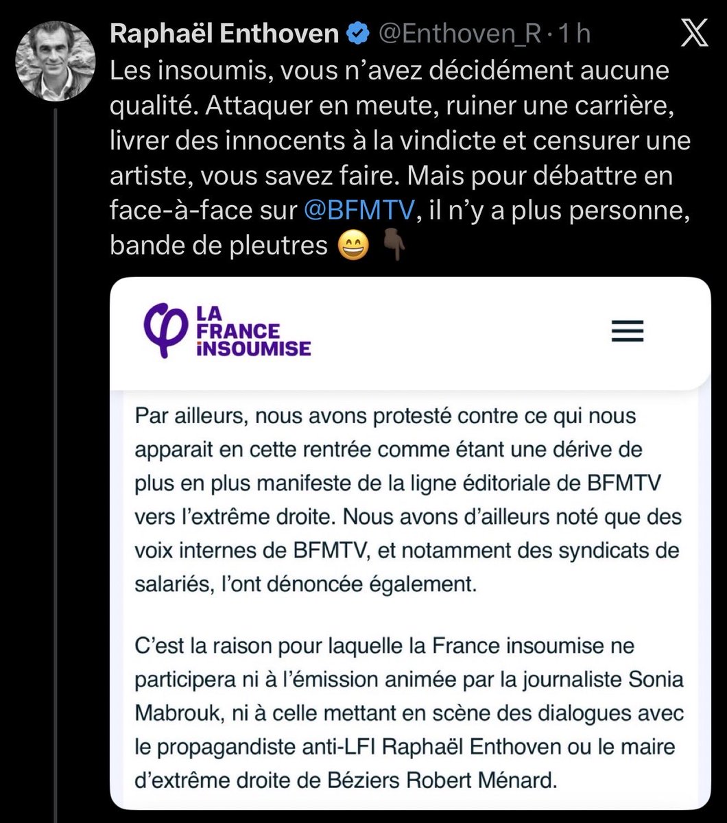 CaronAymericoff's tweet photo. Quel foutage de gueule @Enthoven_R.
Il y a un an et demi, au plus fort du génocide, alors que vous m’insultiez et répandiez vos inepties sur Gaza sur tous les plateaux, je vous ai proposé de quitter le confort des insultes par réseau pour m’avoir en face de vous sur un plateau télé, sur @BFMTV par exemple.
Vous avez refusé.
Mais puisque vous venez de commettre ce nouveau tweet, je renouvelle ma proposition. Venez débattre avec moi, en direct, sur BFM. Allez-vous fuir encore, en couard que vous êtes ?