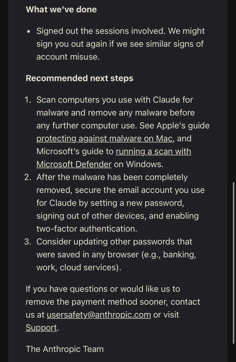 ShionChristina's tweet photo. Anthropic？But except no one in the whole damn company acts like an actual human being 🤮@AnthropicAI @DarioAmodei @lydiahallie 

WTF is Anthropic’s problem now? I haven't even USED Claude Code in months, let alone logged in on my PC. What the hell does "a computer you use with Claude may be infected with infostealer malware" even mean???

The hilarious part is their solution: "Scan computers you use with Claude". They’re not even trying to hide that they’re profiling users and secretly harvesting data, huh?

No wonder everyone is dumping Anthropic for OpenAI. You guys are fucking pathetic

Mr. Tibo, it’s time to hit that reset button... sniffff!!!! @thsottiaux