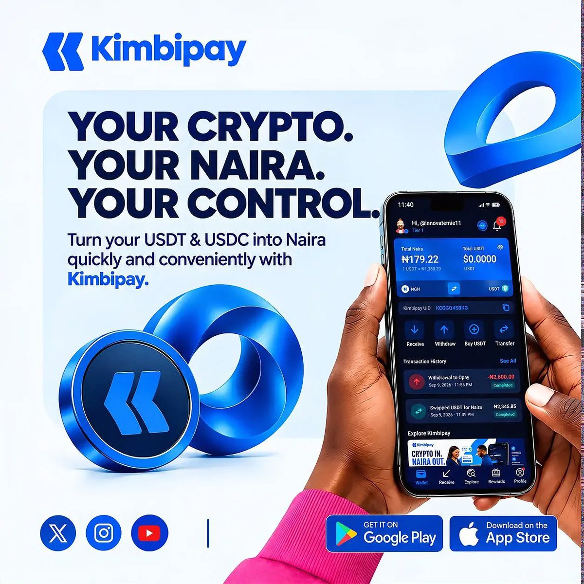 KimbipayNG's tweet photo. Your crypto. Your Naira. Your control. 

Turn your USDT &amp; USDC into Naira quickly and conveniently with Kimbipay.

💱 Swap crypto to Naira
⚡ Fast &amp; convenient transactions
🔐 Simple, secure &amp; in your control

📲 Available on Google Play 

#Kimbipay #CryptoToNaira #USDT #USDC https://t.co/gMoAuwJBBs