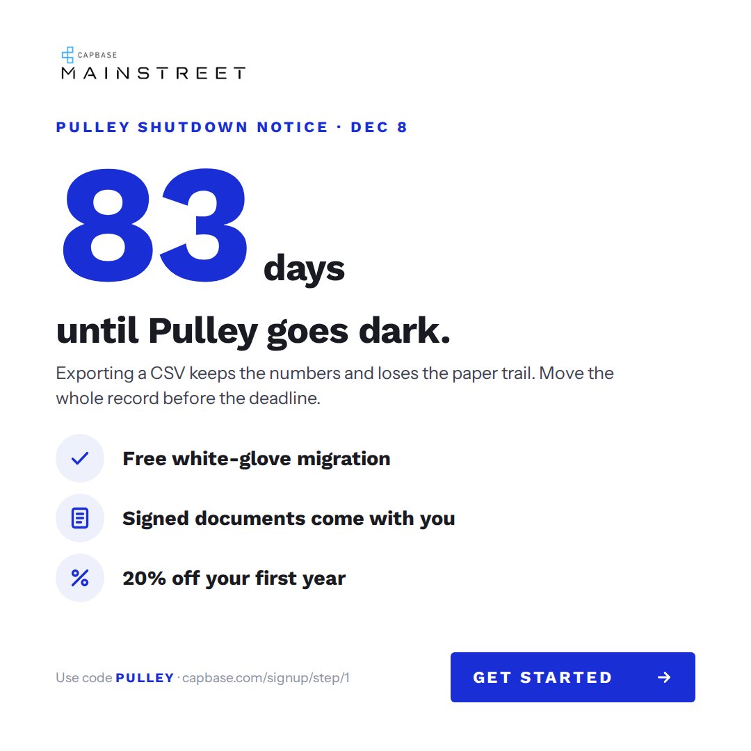 CapbaseInc's tweet photo. Pulley is shutting down on December 8.

If you're pre-seed and on Pulley, your cap table needs a new home before then.

Capbase will move it for you — documents and all — free. Plus 20% off your first year.

Code PULLEY →
 https://t.co/wyY7oe54rT https://t.co/uZWVDOHHlE