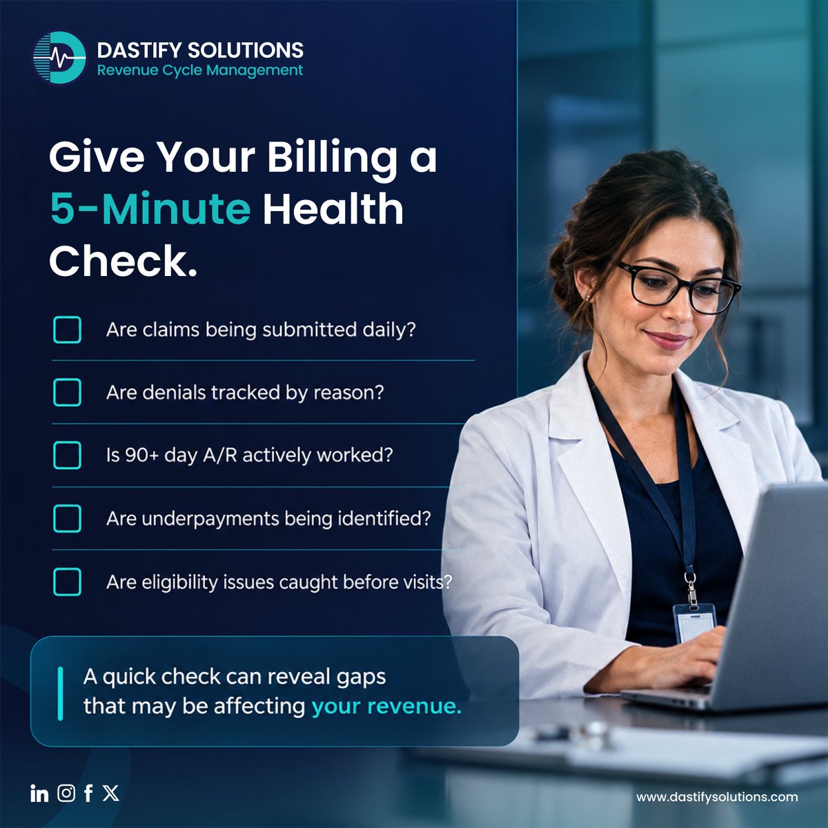 dastifyUSA's tweet photo. Small billing gaps can lead to bigger revenue problems. A quick health check can help identify issues before they impact your cash flow.

#medicalbilling #revenuecyclemanagement #armanagement #denialmanagement #dastifysolutions https://t.co/1n4H9wd8bc