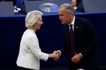 Gmortiz61's tweet photo. EUROPA INVITA A #CANADÁ. En su discurso sobre el Estado de la Unión, la presidente de la Comisión Europea, #UrsulaVonderLeyen, propuso que Canadá -país hostilizado por #Trump-,  sea el primer "Estado asociado" a la UE. Claves: seguridad, defensa y energía. #MCartney, ovacionado. https://t.co/2sjBvgYbTq