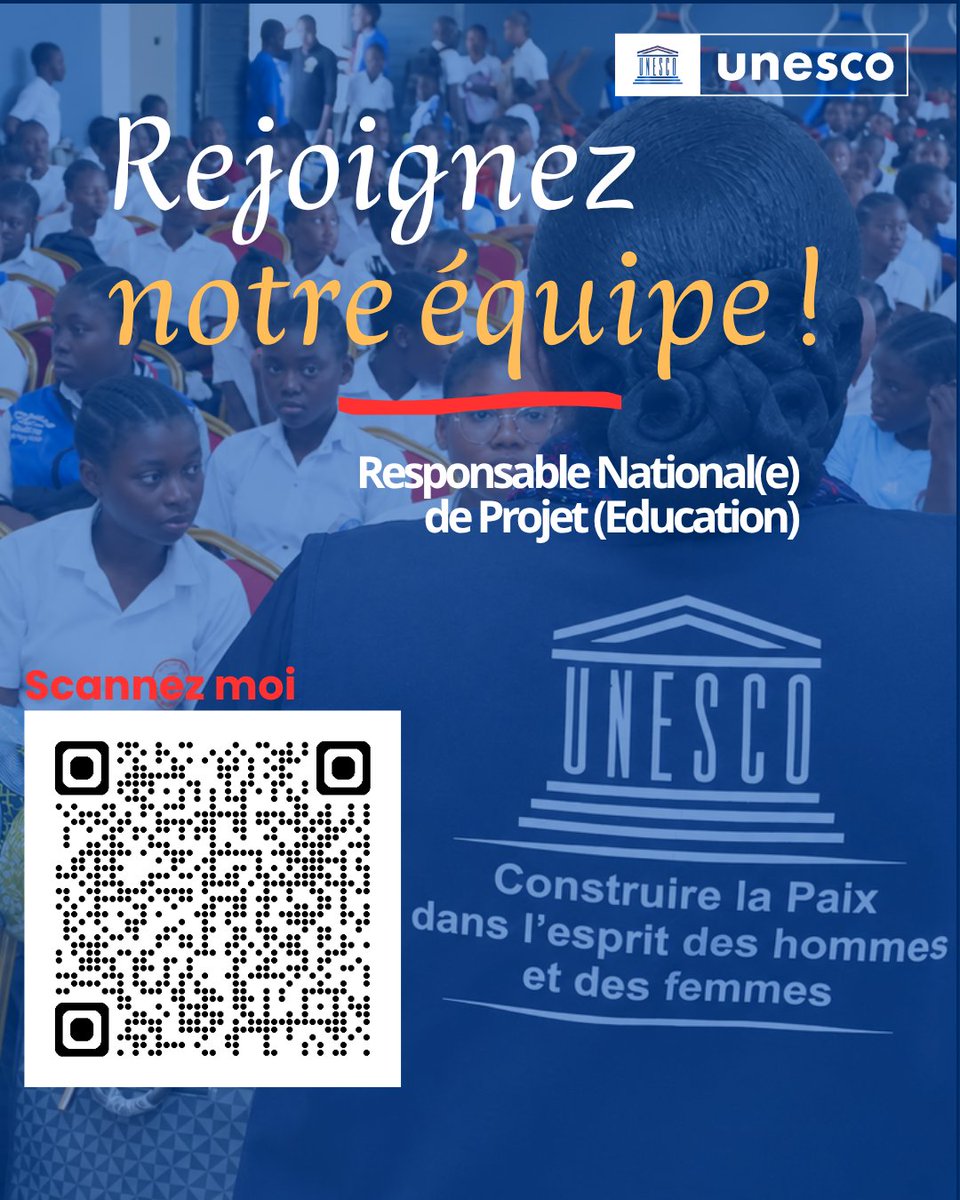 UNESCOKinshasa's tweet photo. 📣 𝗢𝗳𝗳𝗿𝗲 𝗱'𝗲𝗺𝗽𝗹𝗼𝗶 𝗮̀ 𝗹'𝗨𝗡𝗘𝗦𝗖𝗢 

📝 Vous souhaitez mettre vos compétences au service de l’#éducation et contribuer concrètement à son amélioration en #RDC ?
➡️ Nous recherchons un(e) Responsable National(e) de Projet – Éducation pour rejoindre notre équipe à #Kinshasa.
📍 Lieu d'affectation : Kinshasa
🕰️ Durée de Contrat : 1 an
📑 Poste ouvert aux Candidatures internes et externes
📅 Date limite : 28 septembre 2026
👉 Intéressé(e) ? Postulez et faites circuler l’information autour de vous : 
https://t.co/oqNPnTkgBG

#UNESCO #RDC
#Recrutement #Education