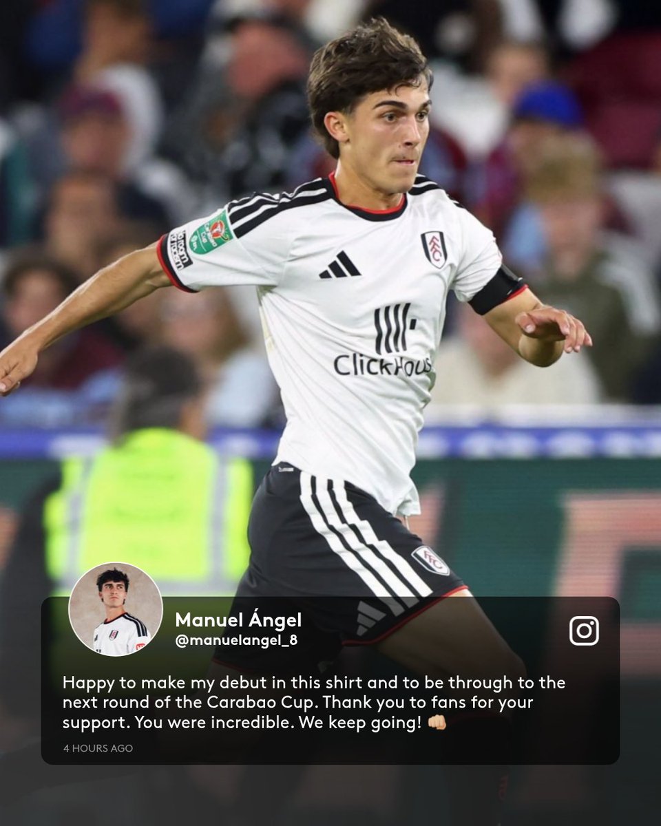 Manuel Ángel says on Instagram: "Happy to make my debut in this shirt and to be through to the next round of the Carabao Cup. Thank you to fans for your support. You were incredible. We keep going! 👊🏼"