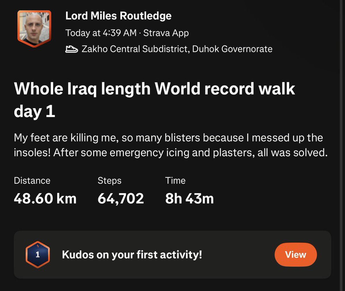 Lordmiles's tweet photo. Day 1 of walking the entire length of Iraq (658 miles!) to recover from a breakup 

I walked 48km (30 miles) or 4.52% of the country. 

I met a lot of cool people along the way, and I’m excited for tomorrow. Thankyou for having me as your guest! https://t.co/FIb7SYfjwR