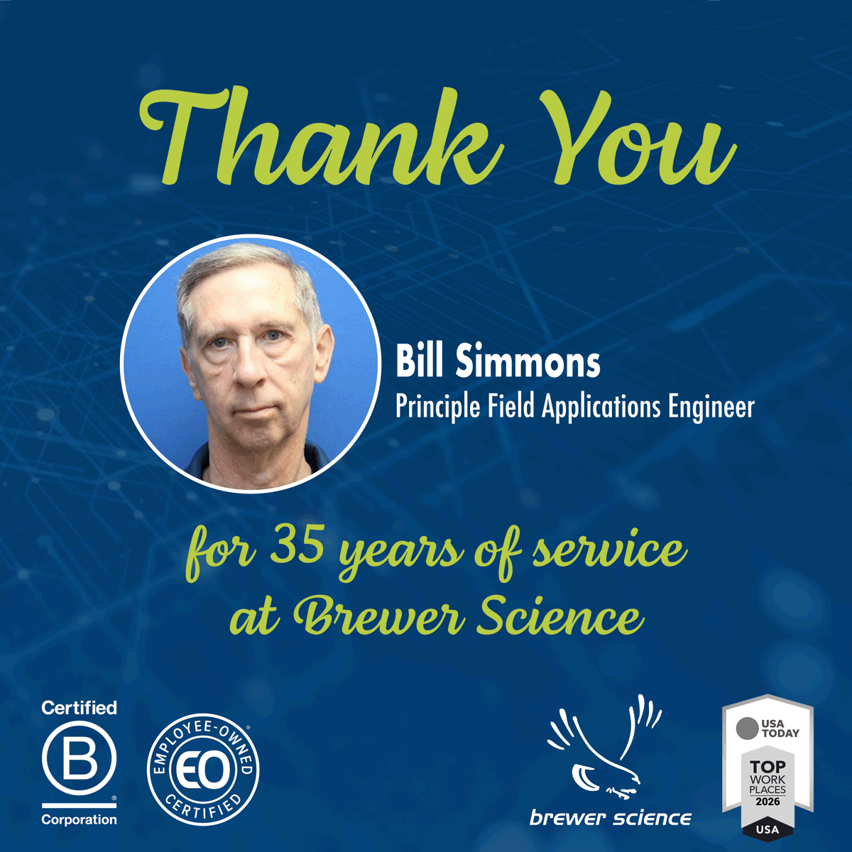 brewerscience's tweet photo. Happy Anniversary to our #EmployeeOwner Bill Simmons! Please join us in congratulating Bill for 35 years of service at Brewer Science! Thank you for being so dedicated to our company mission.
. 
. 
. 
@certified_eo https://t.co/SvKiBew9ui
