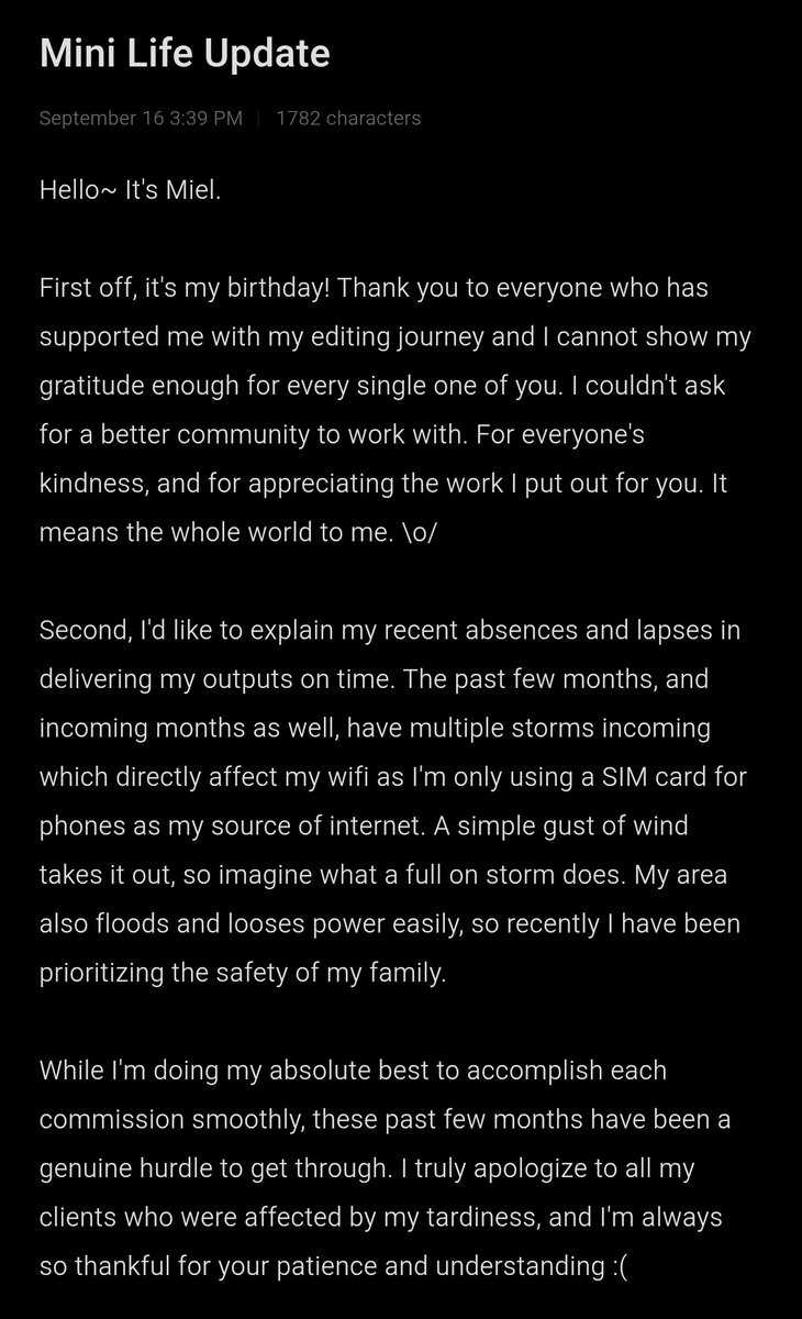 mieldotpng's tweet photo. Mini Life Update ☕ 

TLDR:
>am alive and well, also happy birthday 🎂 
>absolutely in shambles this year
>looking forward to a better year with everyone ^ ^

>will open up commissions as soon as I finish my backlogs. I'll be back soon :) https://t.co/fAmAnl6FKz